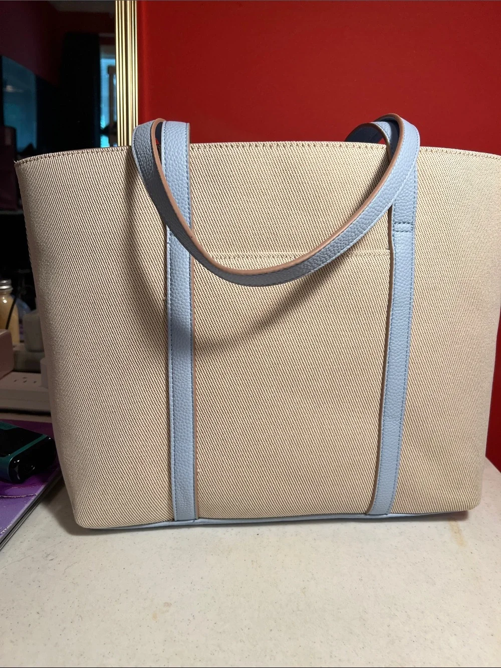 Nanette Lepore Beige Canvas Tote with Light Blue Leather Trim and Charm  RT,148